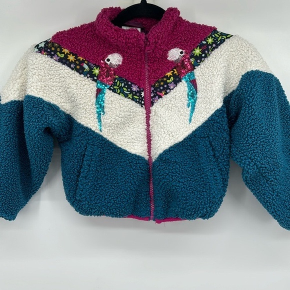 Disney Encanto Sherpa Sequin Bird Print Floral Colorblock Cozy Zippered Jacket